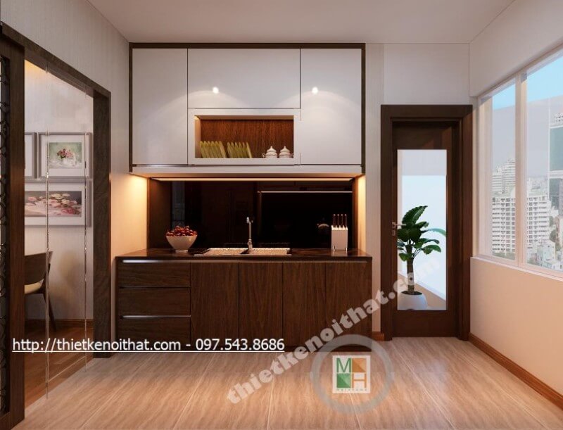 Hệ thống tủ bếp hiện đại được thiết kế đơn giản, kết hợp 2 tone màu nâu trầm và trắng tạo hiệu ứng màu sắc mang đến cảm giác thư giãn và thanh thoát nhẹ nhàng. Tủ bếp hiện đại, tủ bếp chữ u, tủ bếp chữ i, tủ bếp chữ l
