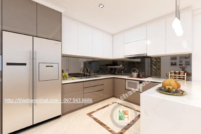 Tủ bếp gỗ công nghiệp được thiết kế theo kiểu dáng chữ u đầy mới lạ, các ngăn tủ được phân chia một cách khoa học giúp cho người nội trợ dễ dàng tạo cảm hứng hơn trong quá trình nấu nướng
