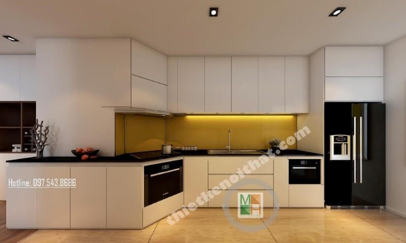 Mẫu tủ bếp đẹp được thiết kế một cách khéo léo, khu vực sơ chế và khu vực bếp nấu được bố trí khoa học, tạo cho người nội trợ dễ dàng nấu nướng hơn