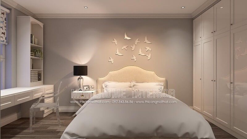 Lựa chọn tone màu trắng đầy tinh tế, giường ngủ bọc nỉ khung gỗ tự nhiên mang lại không gian phòng ngủ sang trọng và nhẹ nhàng